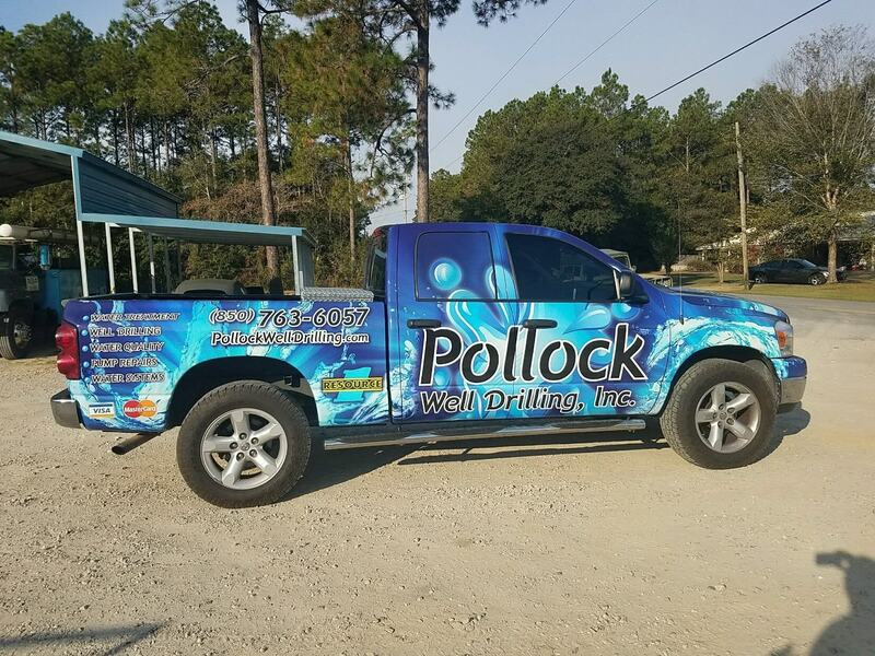 Pollock Well Drilling service pickup with phone number on the wrap